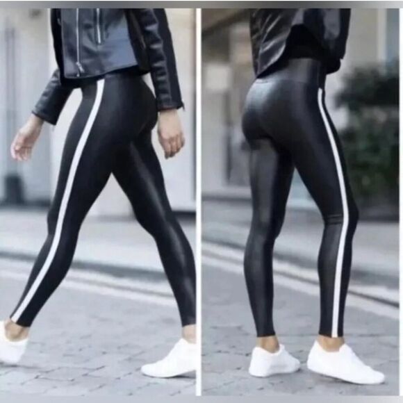 SPANX Pants - SPANX Faux Leather Leggings Tummy Control with Side Stripe L
